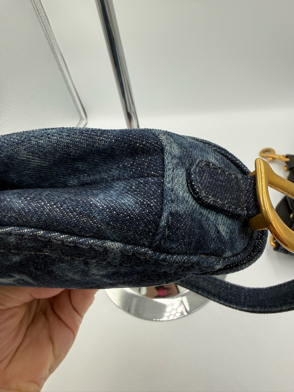 Dior Navy Denim Tie Dyed Saddle Mini Bag with Gold D Charm and Strap - Picture 9 of 16